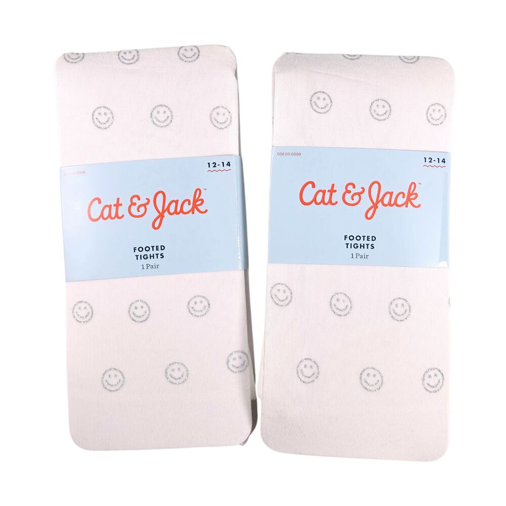 2 Pair Cat & Jack Girls Smiley Face Footed Tights White Silver 12-14 NWT